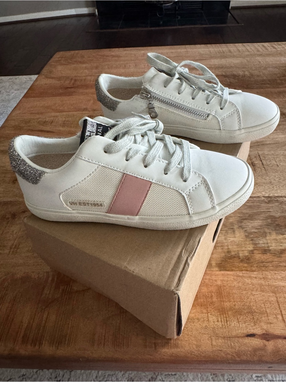 Vintage Havana White Sneakers with Pink Stripe and Silver Glitter Heel